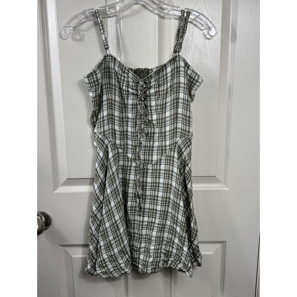 Self E Women L Plaid Mini Dress‎ Lace Up Front Sleeveless Skatercore Green White